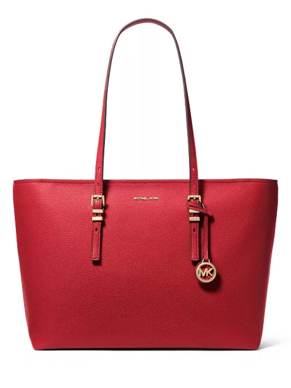 NWOT Michael Kors Red Pebbled Leather Zipper Tote with Gold-Tone Charm